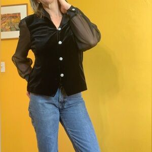 Black Velvet Holiday Shirt with Sheer Sleeves L